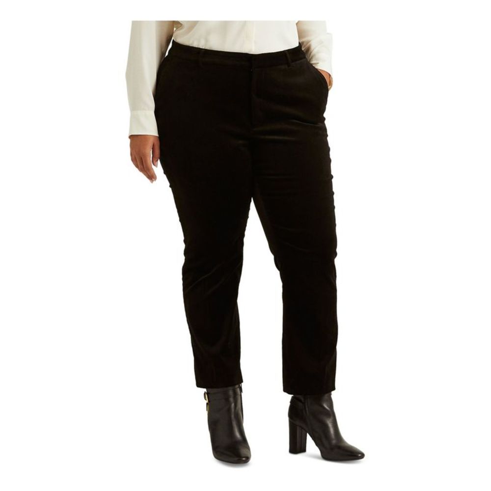 LAUREN RALPH LAUREN Womens Black Faux Pockets Velvet Wear To Work Pants Plus 16W
